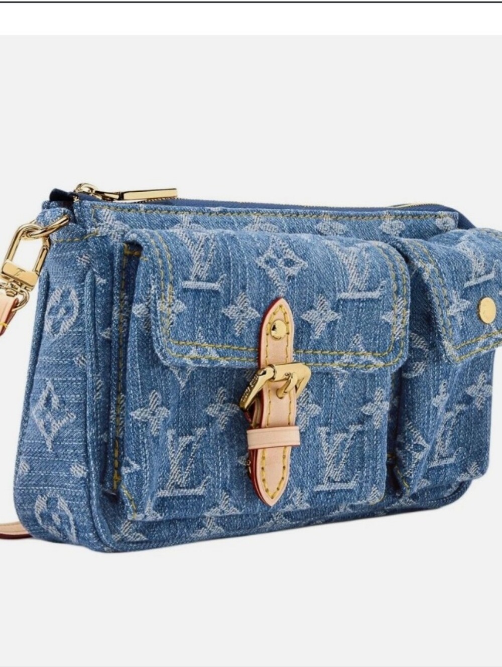 Cotton Blue Denim Monogram Travel Pouch with Apricot Leather Trim